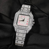 Iced Out Square Face Watch- Pink Numerals