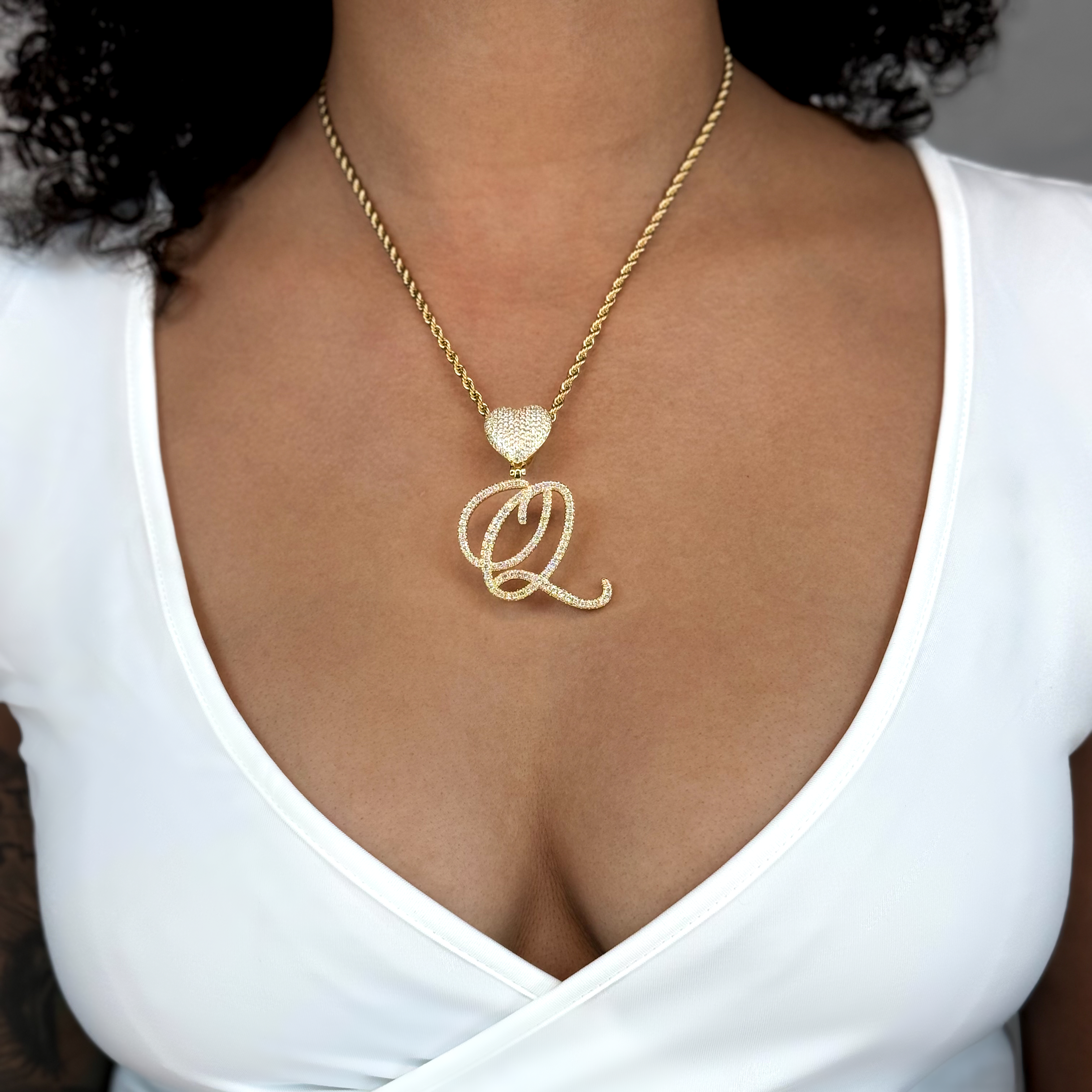 Queen of Hearts Initial Cursive Necklace