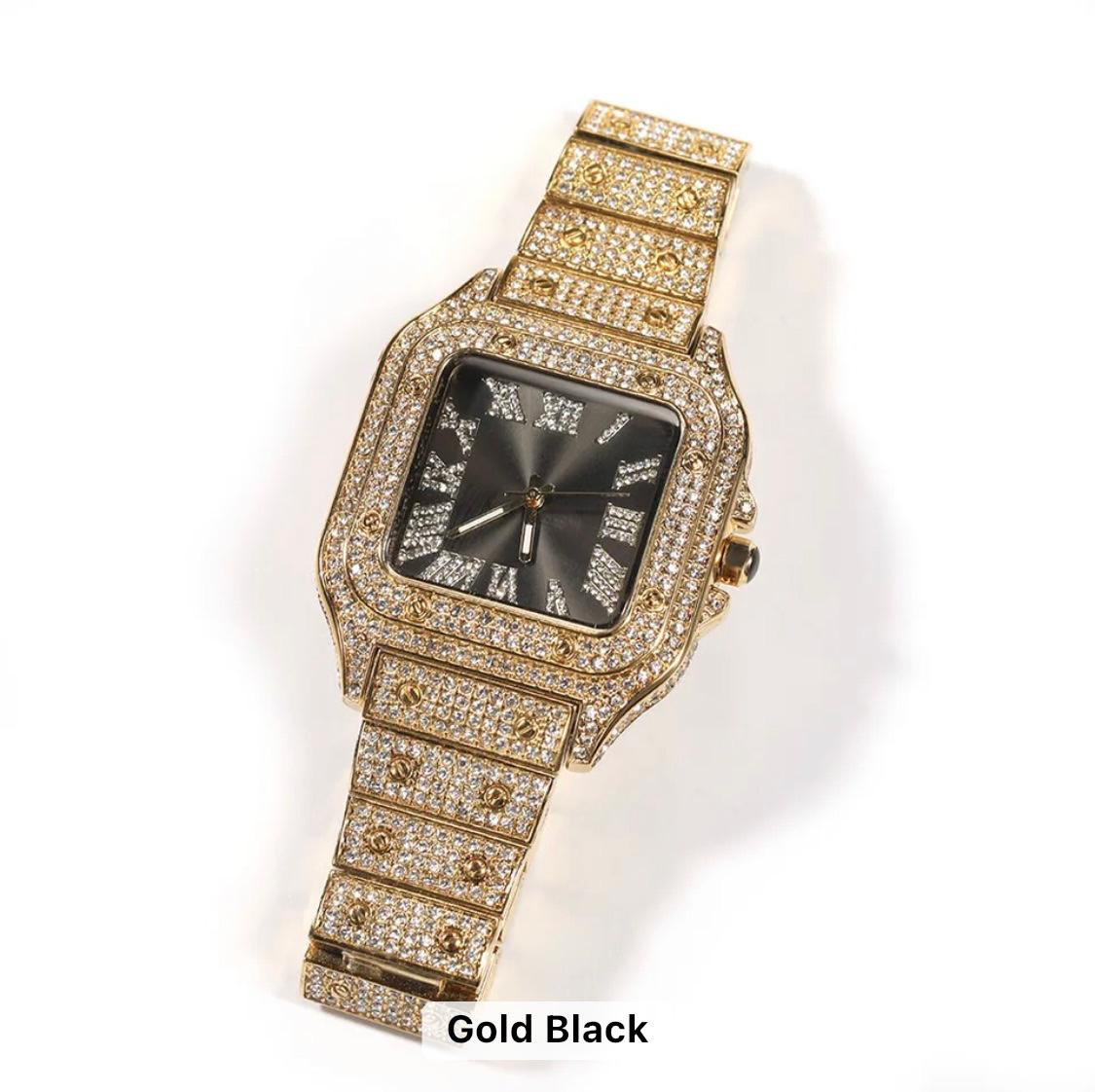 Iced Out Square Watch- Gold & Black