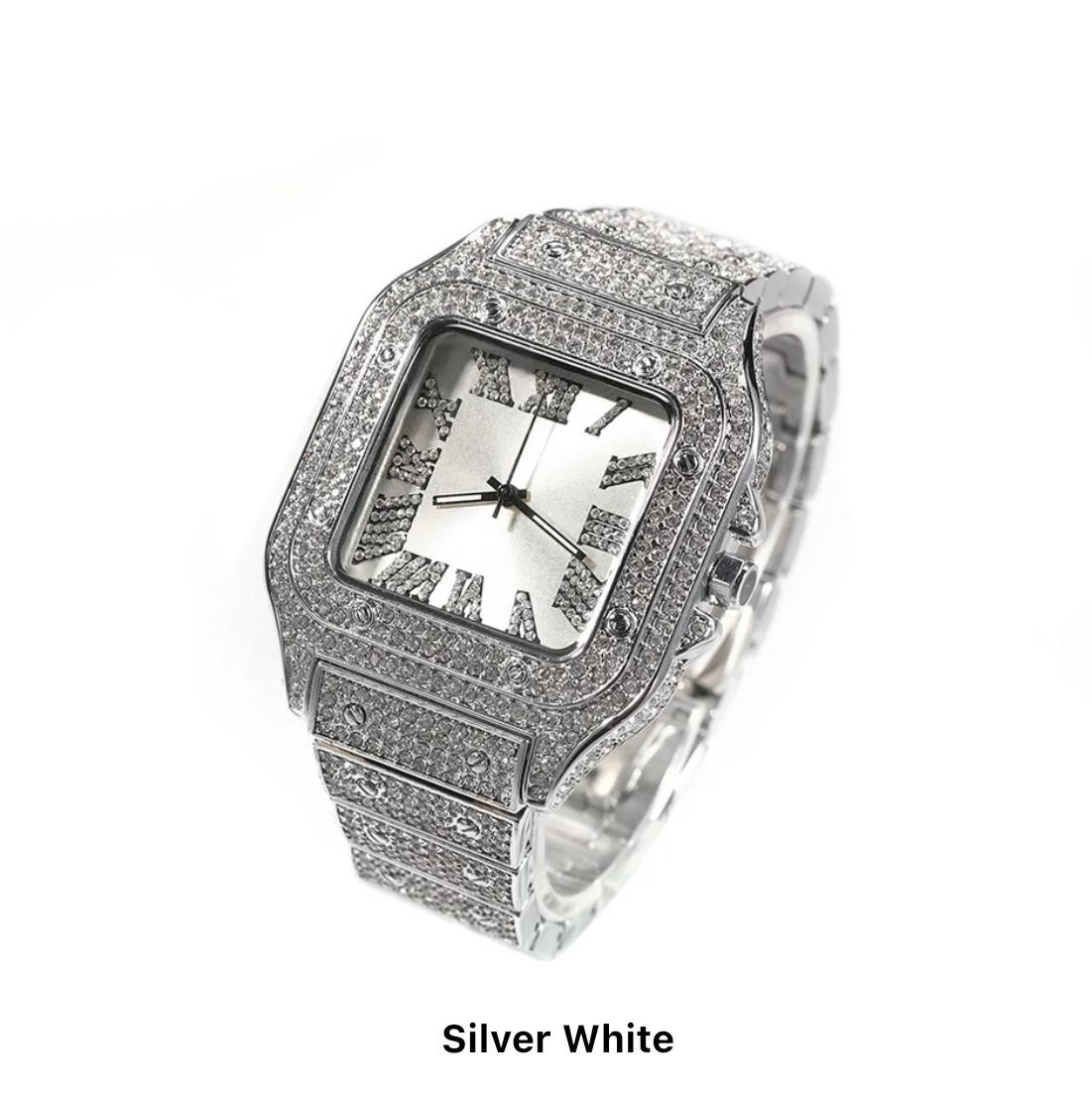 Iced Out Square Watch- Silver & White