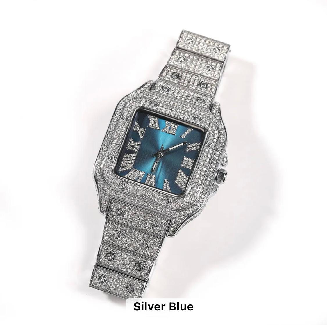Iced Out Square Watch- Silver & Blue