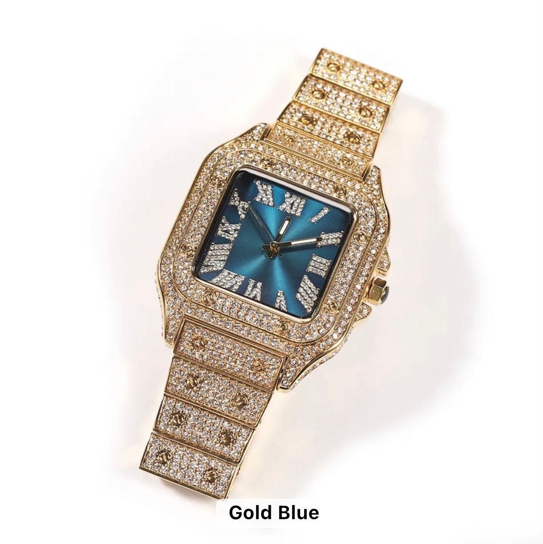 Iced Out Square Watch- Gold & Blue