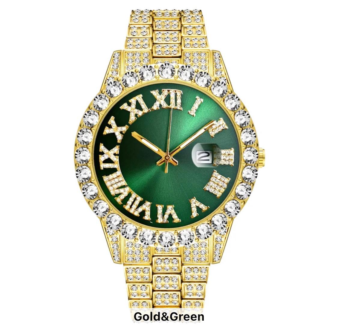 Icy Gold & Green Face Watch