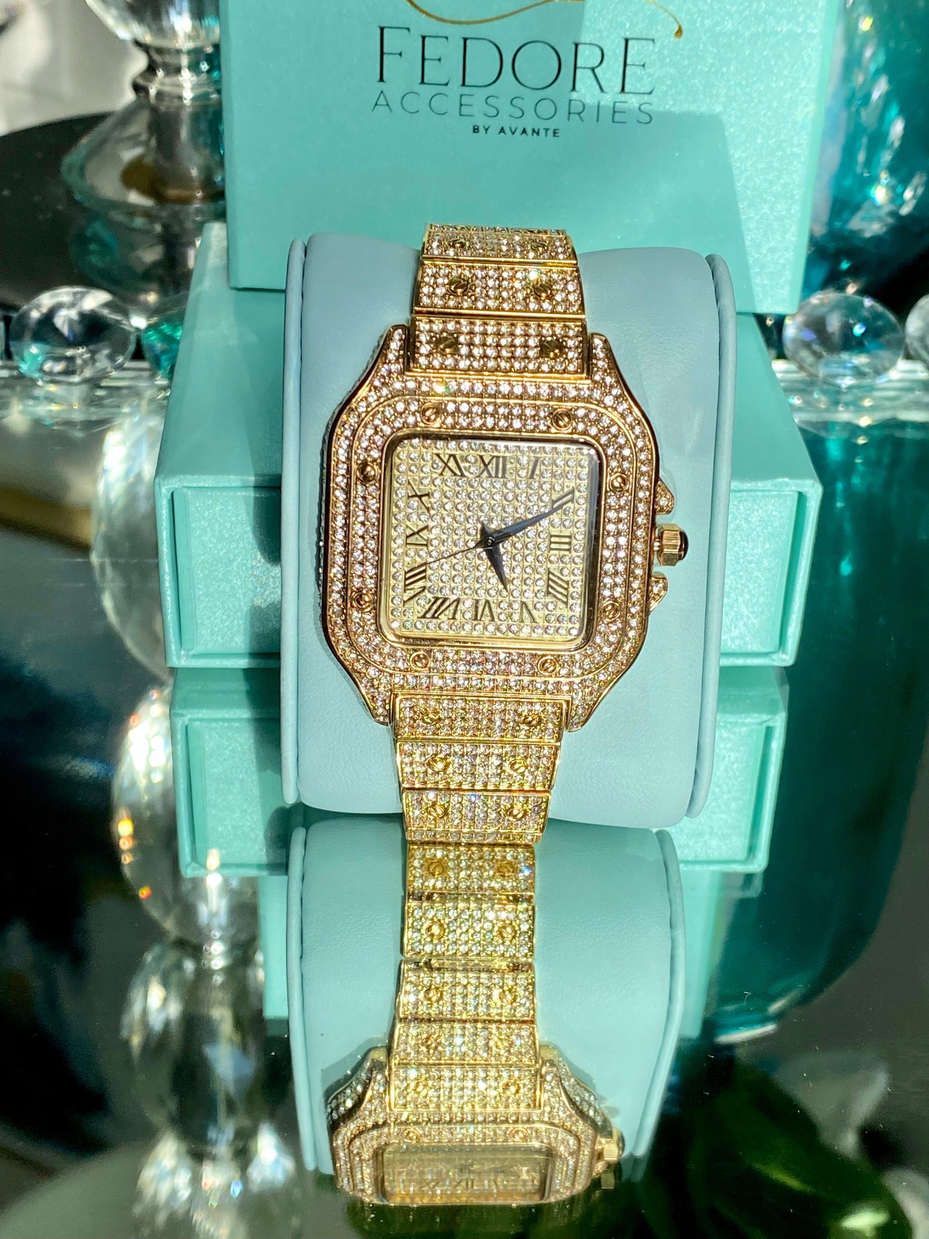 Iced Out Square Face Watch- Gold